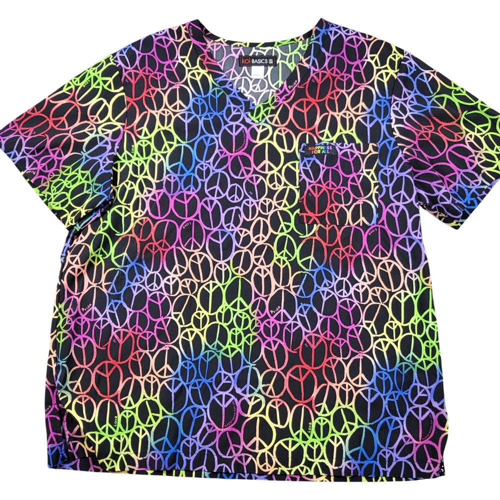 Koi Basics 1067PR Rainbow Peace Sign Scrub Top Mens Large Black Multi V-Neck
